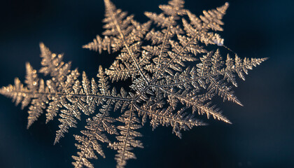 Detailed close-up of intricate fern-like frost patterns with a golden hue against a dark, icy background, showcasing nature's delicate artistry.