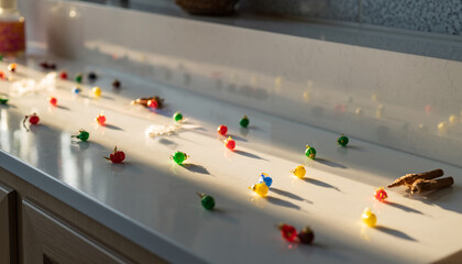 A collection of colorful pushpins scattered across a white countertop, illuminated by warm sunlight.