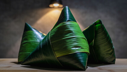 Three pyramid-shaped rice dumplings wrapped in green banana leaves, artfully arranged on a wooden surface.