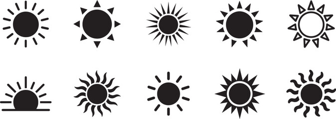   Sun icon set in bold vector silhouette style, isolated on white for weather, energy and UI.