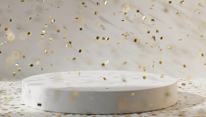 A white podium with golden confetti falling around it, set against a marble background.