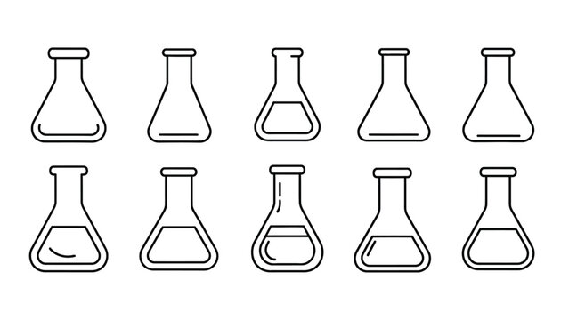 Set of ten outline icons of laboratory Erlenmeyer flasks with different liquid levels