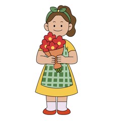 Cute baby girl with a bouquet of tulips, isolated on a white background. Vector flat illustration for Mother's Day or birthday greeting card 