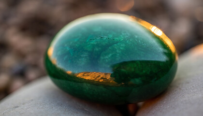 A smooth, polished dark green gemstone reflecting golden light on a bed of pebbles.