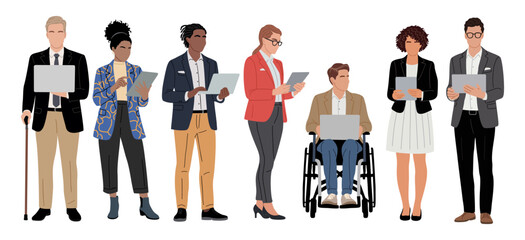Diverse group of professionals using laptops and tablets, including inclusive workplace representation. Flat vector illustration isolated on transparent background.