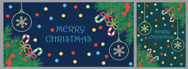 Festive Christmas banner, poster and card design set with elegant hanging ornament, candy cane, pine branches and colorful confetti dots. A modern holiday vector design perfect for seasonal greetings.