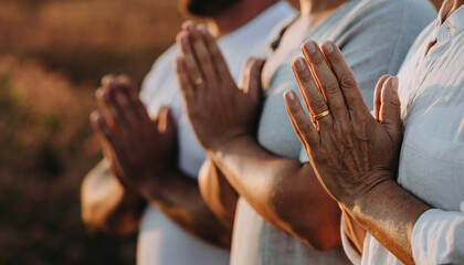 A group of people stand in a line with their hands pressed together in a prayer or greeting gesture.