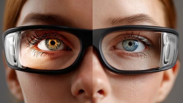 Vision Comparison: A striking split-image of a person showcasing the remarkable difference between eyes behind different lens.