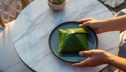 A person's hands carefully place a square-shaped food item wrapped in green banana leaves onto a marble table.