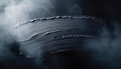 A thick, textured brushstroke of dark grey paint is illuminated by soft light, with wisps of smoke or fog swirling around it.