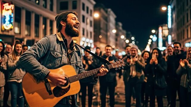 A street musician performs passionately under city lights at night.