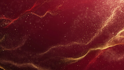 Abstract red background with flowing golden particle waves and shimmering dust.