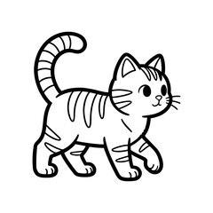 Fototapeta premium Charming black and white line art illustration of a cute striped cat walking, ideal for children's books, coloring pages, and versatile graphic design elements