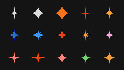 A collection of colorful star and sparkle shaped graphic elements on black