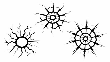 Black and white illustration depicting cracked surfaces with circular impact points