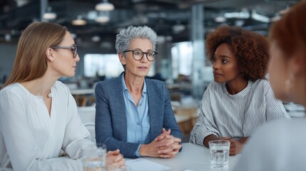 Diverse group of professional women engaged in a serious discussion around a table