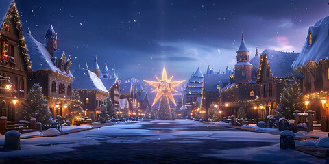 Serene snowy town illuminated by holiday lights