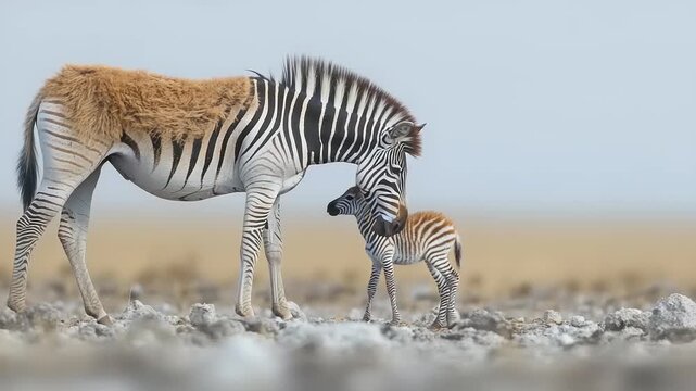 Rare Golden-Striped Zebra Mother and Her Adorable Foal Share a Tender Moment in the Arid African Plains
