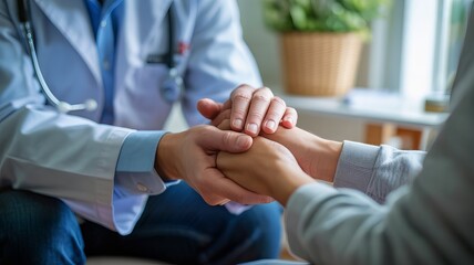 Doctor holding patients hands for support