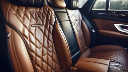 Naklejka premium Luxury Car Interior with Quilted Leather Seats in Modern Vehicle, Highlighting Comfort and Design Aesthetic for Premium Automotive Experiences