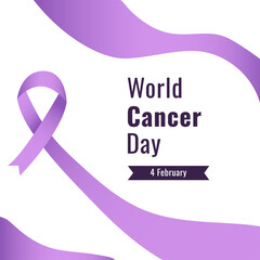 World Cancer Day vector banner with purple ribbon and text on white background