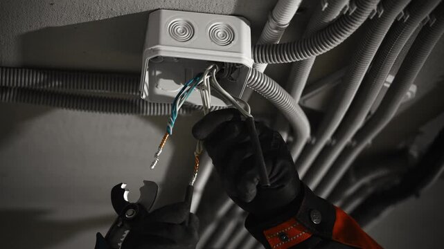 Electrician Meticulously Prepares Cable Connections In Dim Environment Using Protective Gloves And Tools