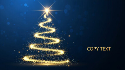 Sparkling golden Christmas tree made of light particles festive holiday background with copy space for greeting cards and invitations