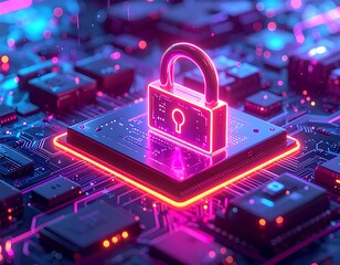 Glowing padlock on a computer circuit board, concept for cyber security