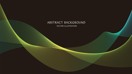 テキストスペースのある黒の背景に青と緑グラデーションの抽象的な曲線の背景素材。16:9サイズのベクターイラスト