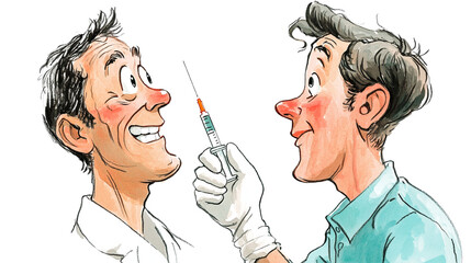 Cartoon illustration depicting vaccine administration with concerned patient