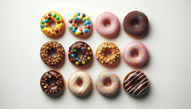 High-Angle Flat Lay of a Dozen Assorted Donuts in a 3x4 Grid, Featuring Classic Chocolate, Candy Toppings, and Pastel Glazes