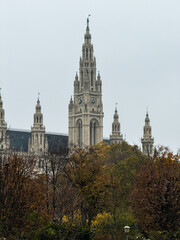 Fototapeta premium Vienna City Hall (Wiener Rathaus) in Fog – Atmospheric Gothic Landmark 