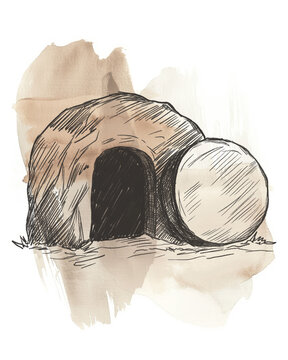 Minimalist illustration empty tomb of Jesus Christ symbolizing resurrection, hope. Christian Easter concept with open stone tomb, soft warm tones, spiritual, biblical theme