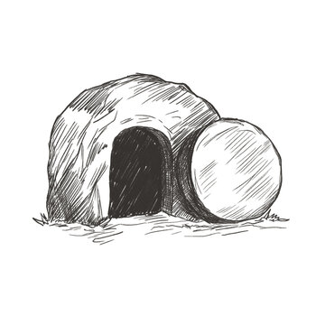 Minimalist illustration empty tomb of Jesus Christ symbolizing resurrection, hope. Christian Easter concept with open stone tomb, soft warm tones, spiritual, biblical theme