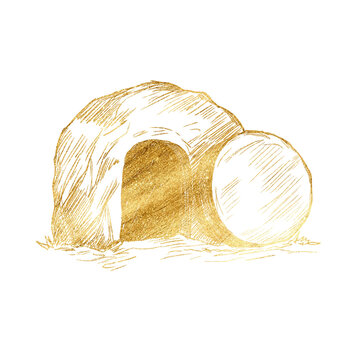 Minimalist golden illustration empty tomb of Jesus Christ symbolizing resurrection, hope. Christian Easter concept with open stone tomb, soft warm tones, spiritual, biblical theme