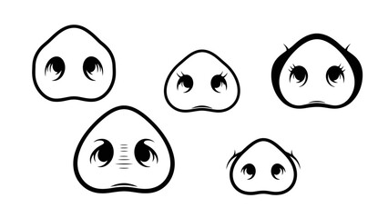 Cute Black and White Cartoon Pig Noses with Expressive Eyes and Eyelashes