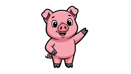 Cute Pink Pig Character Waving Hello with a Friendly Smile and Curly Tail