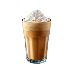 Classic coffee frappe in a clear glass cup with whipped cream on top, isolated die-cut