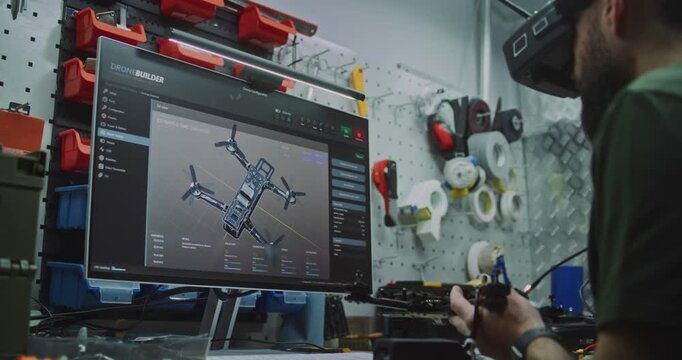 Electronic Calibration Technician Fine Tuning Flight Controllers and Wiring. Man in Uniform Calibrating Flight Control Components. Concept Precise Electronic Calibration Essential For Drone Operation.