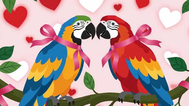 Valentine's Day Couple Macaws and Hearts Illustration: Love and Romanticism Symbolism