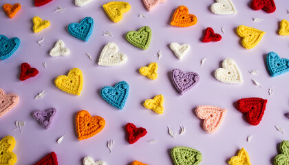 Colorful crochet hearts scattered on a pastel purple background with delicate white petals