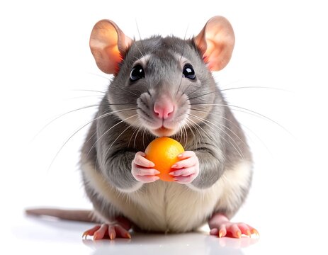 Sweet dumbo rat eating small treat high resolution photo in a white background