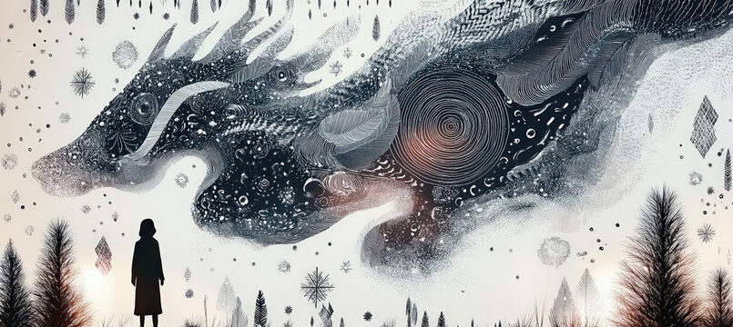 A lone figure walking beneath a swirling cosmic creature in a snowy valley, surrounded by drifting snow, glowing lights, and cold mist, forming a surreal winter scene filled with mystery and dreamlike