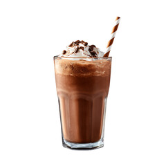 Rich chocolate coffee frappe with thick blended ice with whipped cream in a glass cup with a straw
