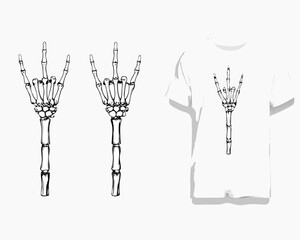 Skeletal hands making the rock on sign and a t shirt design mockup