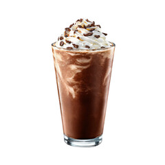 Frozen or blended chocolate beverage topped with a mound of whipped cream, served in a clear, tall glass isolated die-cut