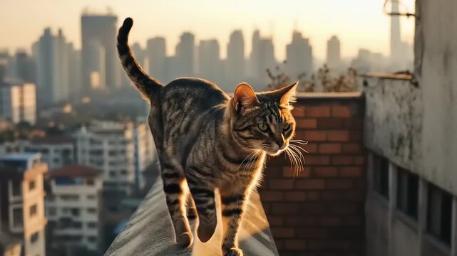 A striking tabby cat confidently walks along a rooftop ledge, bathed in the warm, golden glow of the setting sun, with a blurred city skyline in the background