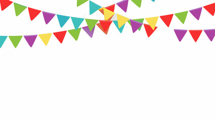 Colorful party bunting flags hanging against a clean white background