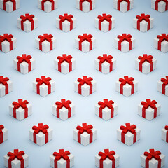 Seamless pattern of white gift boxes with red ribbons on a light blue background