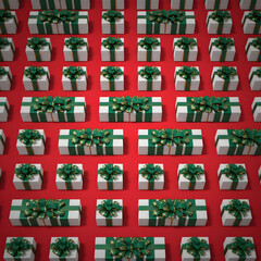 Seamless pattern of white gift boxes with green ribbons and bows on a red background